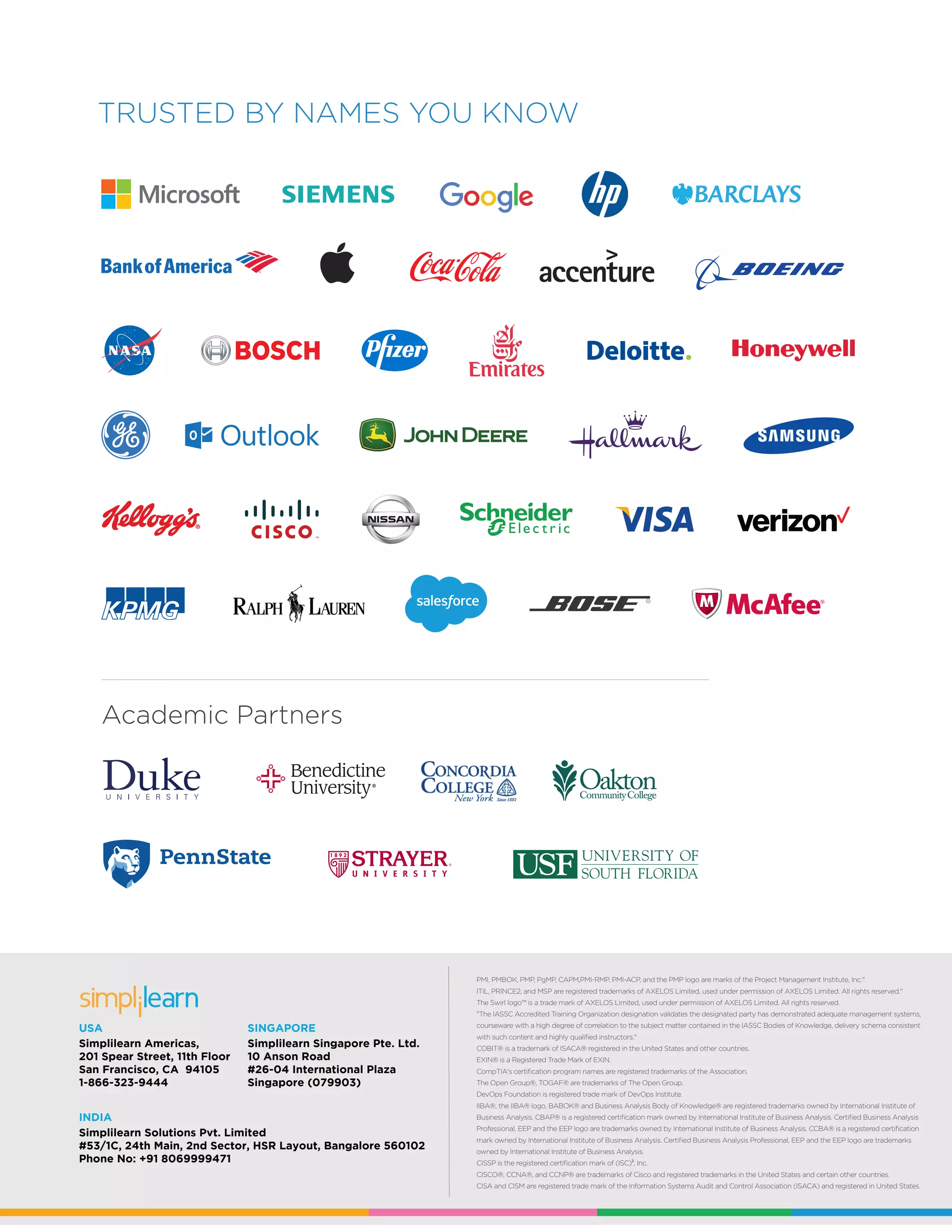 TRUSTED BY NAMES YOU KNOW
Academic Partners
R
R
PMI, PMBOK, PMP, PgMP, CAPM,PMI-RMP, PMI-ACP, and the PMP logo are marks of the Project Management Institute, Inc."
ITIL, PRINCE2, and MSP are registered trademarks of AXELOS Limited, used under permission of AXELOS Limited. All rights reserved."
The Swirl logo™ is a trade mark of AXELOS Limited, used under permission of AXELOS Limited. All rights reserved.
"The IASSC Accredited Training Organization designation validates the designated party has demonstrated adequate management systems,
courseware with a high degree of correlation to the subject matter contained in the IASSC Bodies of Knowledge, delivery schema consistent
with such content and highly qualiﬁed instructors."
COBIT® is a trademark of ISACA® registered in the United States and other countries.
EXIN® is a Registered Trade Mark of EXIN.
CompTIA's certiﬁcation program names are registered trademarks of the Association.
The Open Group®, TOGAF® are trademarks of The Open Group.
DevOps Foundation is registered trade mark of DevOps Institute.
IIBA®, the IIBA® logo, BABOK® and Business Analysis Body of Knowledge® are registered trademarks owned by International Institute of
Business Analysis. CBAP® is a registered certiﬁcation mark owned by International Institute of Business Analysis. Certiﬁed Business Analysis
Professional, EEP and the EEP logo are trademarks owned by International Institute of Business Analysis. CCBA® is a registered certiﬁcation
mark owned by International Institute of Business Analysis. Certiﬁed Business Analysis Professional, EEP and the EEP logo are trademarks
owned by International Institute of Business Analysis.
CISSP is the registered certiﬁcation mark of (ISC)², Inc.
CISCO®, CCNA®, and CCNP® are trademarks of Cisco and registered trademarks in the United States and certain other countries.
CISA and CISM are registered trade mark of the Information Systems Audit and Control Association (ISACA) and registered in United States.
USA
Simplilearn Americas,
201 Spear Street, 11th Floor
San Francisco, CA 94105
1-866-323-9444
SINGAPORE
Simplilearn Singapore Pte. Ltd.
10 Anson Road
#26-04 International Plaza
Singapore (079903)
INDIA
Simplilearn Solutions Pvt. Limited
#53/1C, 24th Main, 2nd Sector, HSR Layout, Bangalore 560102
Phone No: +91 8069999471
 