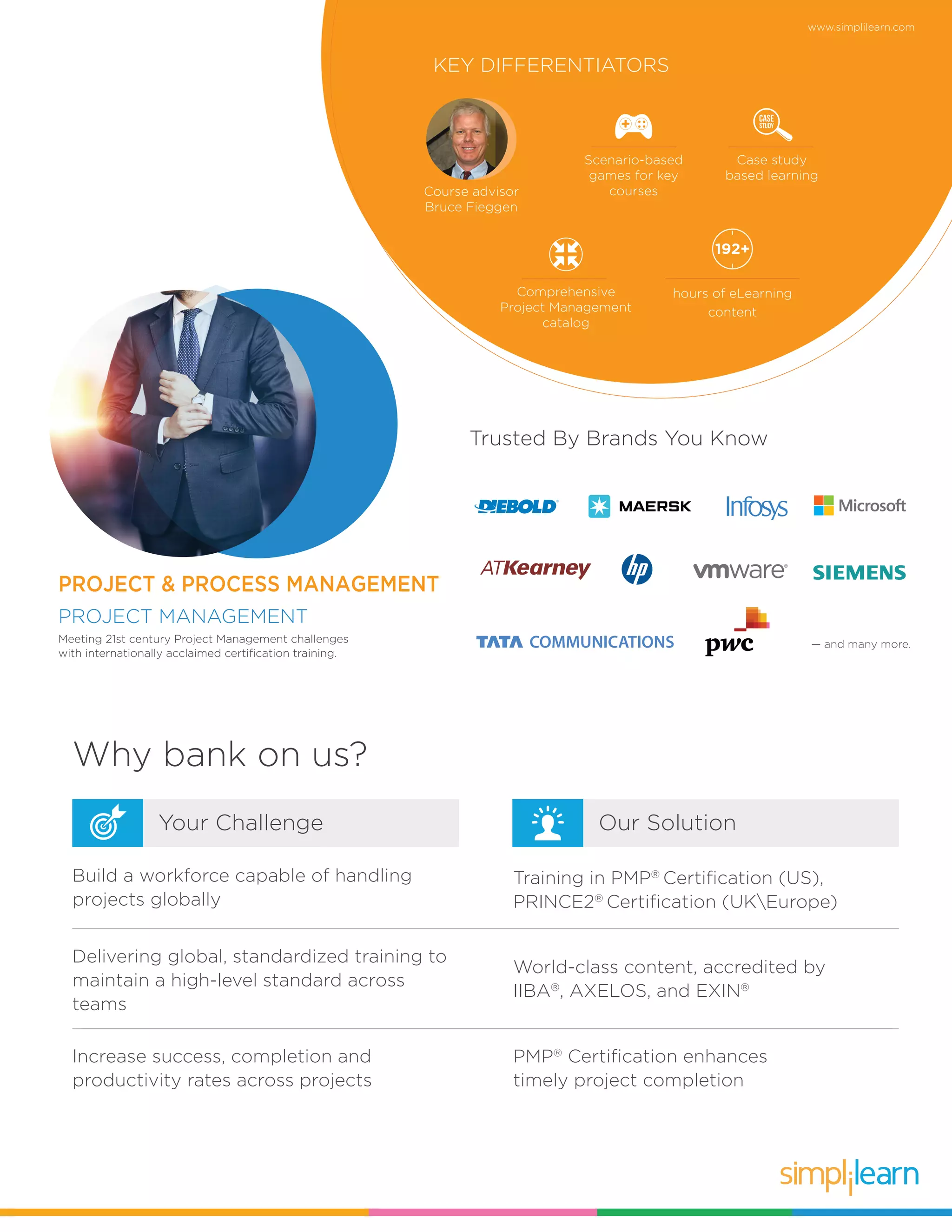 www.simplilearn.com
PROJECT MANAGEMENT
PROJECT & PROCESS MANAGEMENT
Meeting 21st century Project Management challenges
with internationally acclaimed certification training.
KEY DIFFERENTIATORS
Course advisor
Bruce Fieggen
Why bank on us?
Our SolutionYour Challenge
Trusted By Brands You Know
Build a workforce capable of handling
projects globally
Delivering global, standardized training to
maintain a high-level standard across
teams
Increase success, completion and
productivity rates across projects
Training in PMP®
Certification (US),
PRINCE2®
Certification (UKEurope)
World-class content, accredited by
IIBA®
, AXELOS, and EXIN®
PMP®
Certification enhances
timely project completion
Comprehensive
Project Management
catalog
hours of eLearning
content
192+
Case study
based learning
Scenario-based
games for key
courses
— and many more.
 