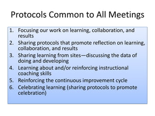 Protocols Common to All Meetings
1. Focusing our work on learning, collaboration, and
   results
2. Sharing protocols that promote reflection on learning,
   collaboration, and results
3. Sharing learning from sites—discussing the data of
   doing and developing
4. Learning about and/or reinforcing instructional
   coaching skills
5. Reinforcing the continuous improvement cycle
6. Celebrating learning (sharing protocols to promote
   celebration)
 