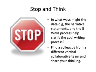 Stop and Think
      • In what ways might the
        data dig, the narrative
        statements, and the 5
        Whys process help
        clarify the goal writing
        process?
      • Find a colleague from a
        different vertical
        collaborative team and
        share your thinking.
 