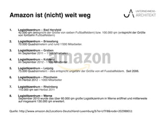 Amazon ist (nicht) weit weg"
1.  Logistikzentrum – Bad Hersfeld 
42.000 qm (entspricht der Größe von sieben Fußballfeldern) bzw. 100.000 qm (entspricht der Größe
von fünfzehn Fußballfeldern)  
!
2.  Logistikzentrum – Brieselang 
70.000 Quadratmetern und rund 1’000 Mitarbeiter. 
!
3.  Logistikzentrum – Graben 
Im September 2011 – 1’000 Mitarbeiter 
!
4.  Logistikzentrum – Koblenz 
Im September 2012 - 1’000 Mitarbeiter..  
!
5.  Logistikzentrum – Leipzig 
75.000 Quadratmetern - dies entspricht ungefähr der Größe von elf Fussballfeldern. Seit 2006.  
!
6.  Logistikzentrum – Pforzheim 
Im Herbst 2012 – 1000 Mitarbeiter!
7.  Logistikzentrum – Rheinberg 
110.000 qm seit Herbst 2011  
!
8.  Logistikzentrum – Werne 
September 2010 wurde das über 60.000 qm große Logistikzentrum in Werne eröffnet und mittlerweile
auf insgesamt 130.000 qm erweitert. !
Quelle:	
  h(p://www.amazon.de/Loca5ons-­‐Deutschland-­‐Luxemburg/b?ie=UTF8&node=202988011	
  
 