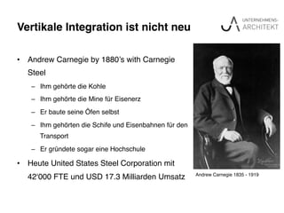 Vertikale Integration ist nicht neu"
•  Andrew Carnegie by 1880’s with Carnegie
Steel!
–  Ihm gehörte die Kohle!
–  Ihm gehörte die Mine für Eisenerz!
–  Er baute seine Öfen selbst!
–  Ihm gehörten die Schife und Eisenbahnen für den
Transport!
–  Er gründete sogar eine Hochschule!
•  Heute United States Steel Corporation mit
42‘000 FTE und USD 17.3 Milliarden Umsatz! Andrew Carnegie 1835 - 1919!
 