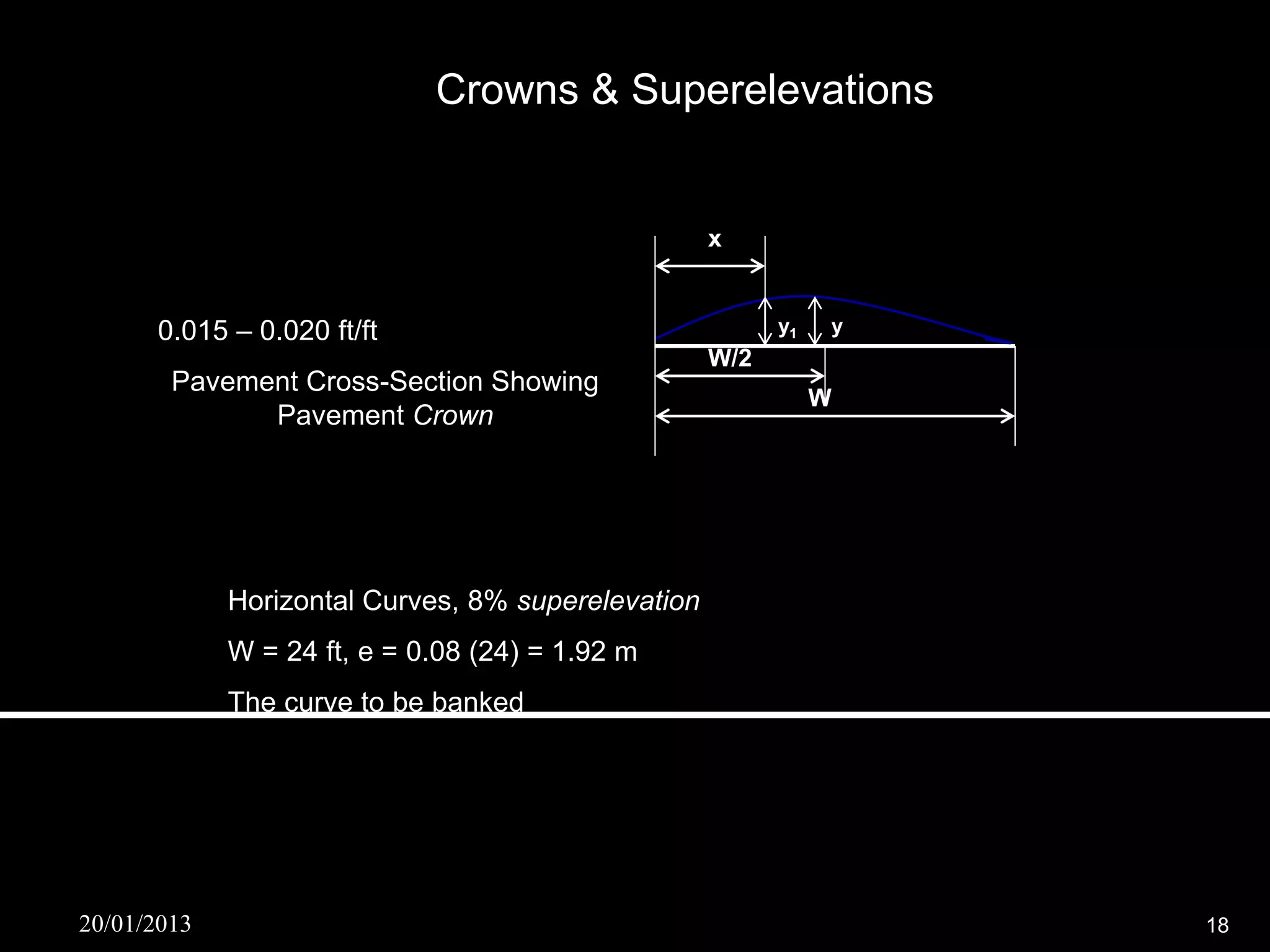Crowns & Superelevations


                                                    x


      0.015 – 0.020 ft/ft                                 y1   y
                                                    W/2
        Pavement Cross-Section Showing
                                                               W
              Pavement Crown




             Horizontal Curves, 8% superelevation
             W = 24 ft, e = 0.08 (24) = 1.92 m
             The curve to be banked




20/01/2013                                                         18
 