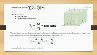 The solution yields,
The time factor is a non dimensional number. Because consolidation progresses by the dissipation of excess pore
water pressure, the degree of consolidation at a distance z at any time t is
where, uz= excess pore water pressure at time t.
 