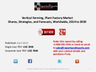Vertical Farming, Plant Factory Market
Shares, Strategies, and Forecasts, Worldwide, 2014 to 2020
Order this report by calling
+1 888 391 5441 or Send an email
to sales@reportsandreports.com
with your contact details and
questions if any.
1© ReportsnReports.com / Contact sales@reportsandreports.com
Published: April 2014
Single User PDF: US$ 3900
Corporate User PDF: US$ 7800
 