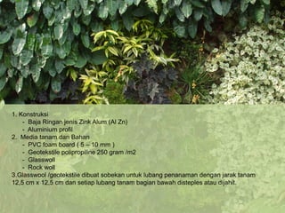 1. Konstruksi
    - Baja Ringan jenis Zink Alum (Al Zn)
    - Aluminium profil
2. Media tanam dan Bahan
    - PVC foam board ( 5 – 10 mm )
    - Geotekstile polipropiline 250 gram /m2
    - Glasswoll
    - Rock woll
3.Glasswool /geotekstile dibuat sobekan untuk lubang penanaman dengan jarak tanam
12,5 cm x 12,5 cm dan setiap lubang tanam bagian bawah disteples atau dijahit.
 