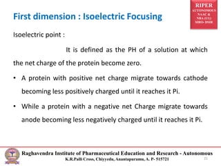 RIPER
AUTONOMOUS
NAAC &
NBA (UG)
SIRO- DSIR
Raghavendra Institute of Pharmaceutical Education and Research - Autonomous
K.R.Palli Cross, Chiyyedu, Anantapuramu, A. P- 515721
First dimension : Isoelectric Focusing
Isoelectric point :
It is defined as the PH of a solution at which
the net charge of the protein become zero.
• A protein with positive net charge migrate towards cathode
becoming less positively charged until it reaches it Pi.
• While a protein with a negative net Charge migrate towards
anode becoming less negatively charged until it reaches it Pi.
21
 