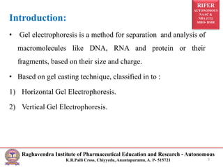 RIPER
AUTONOMOUS
NAAC &
NBA (UG)
SIRO- DSIR
Raghavendra Institute of Pharmaceutical Education and Research - Autonomous
K.R.Palli Cross, Chiyyedu, Anantapuramu, A. P- 515721 3
Introduction:
• Gel electrophoresis is a method for separation and analysis of
macromolecules like DNA, RNA and protein or their
fragments, based on their size and charge.
• Based on gel casting technique, classified in to :
1) Horizontal Gel Electrophoresis.
2) Vertical Gel Electrophoresis.
 