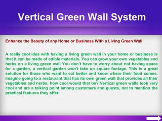 Vertical Green Wall System
Enhance the Beauty of any Home or Business With a Living Green Wall
A really cool idea with having a living green wall in your home or business is
that it can be made of edible materials. You can grow your own vegetables and
herbs on a living green wall You don’t have to worry about not having space
for a garden, a vertical garden won’t take up square footage. This is a great
solution for those who want to eat better and know where their food comes.
Imagine going to a restaurant that has its own green wall that provides all their
vegetables and herbs, how cool would that be? Vertical green walls look very
cool and are a talking point among customers and guests, not to mention the
practical features they offer.
 