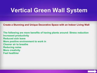 Vertical Green Wall System
Create a Stunning and Unique Decorative Space with an Indoor Living Wall
The following are more benefits of having plants around: Stress reduction
Increased productivity
Reduced sick leave
More positive environment to work in
Cleaner air to breathe
Reducing noise
More creativity
Feel healthier
 