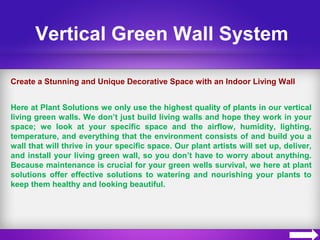 Vertical Green Wall System
Create a Stunning and Unique Decorative Space with an Indoor Living Wall
Here at Plant Solutions we only use the highest quality of plants in our vertical
living green walls. We don’t just build living walls and hope they work in your
space; we look at your specific space and the airflow, humidity, lighting,
temperature, and everything that the environment consists of and build you a
wall that will thrive in your specific space. Our plant artists will set up, deliver,
and install your living green wall, so you don’t have to worry about anything.
Because maintenance is crucial for your green wells survival, we here at plant
solutions offer effective solutions to watering and nourishing your plants to
keep them healthy and looking beautiful.
 
