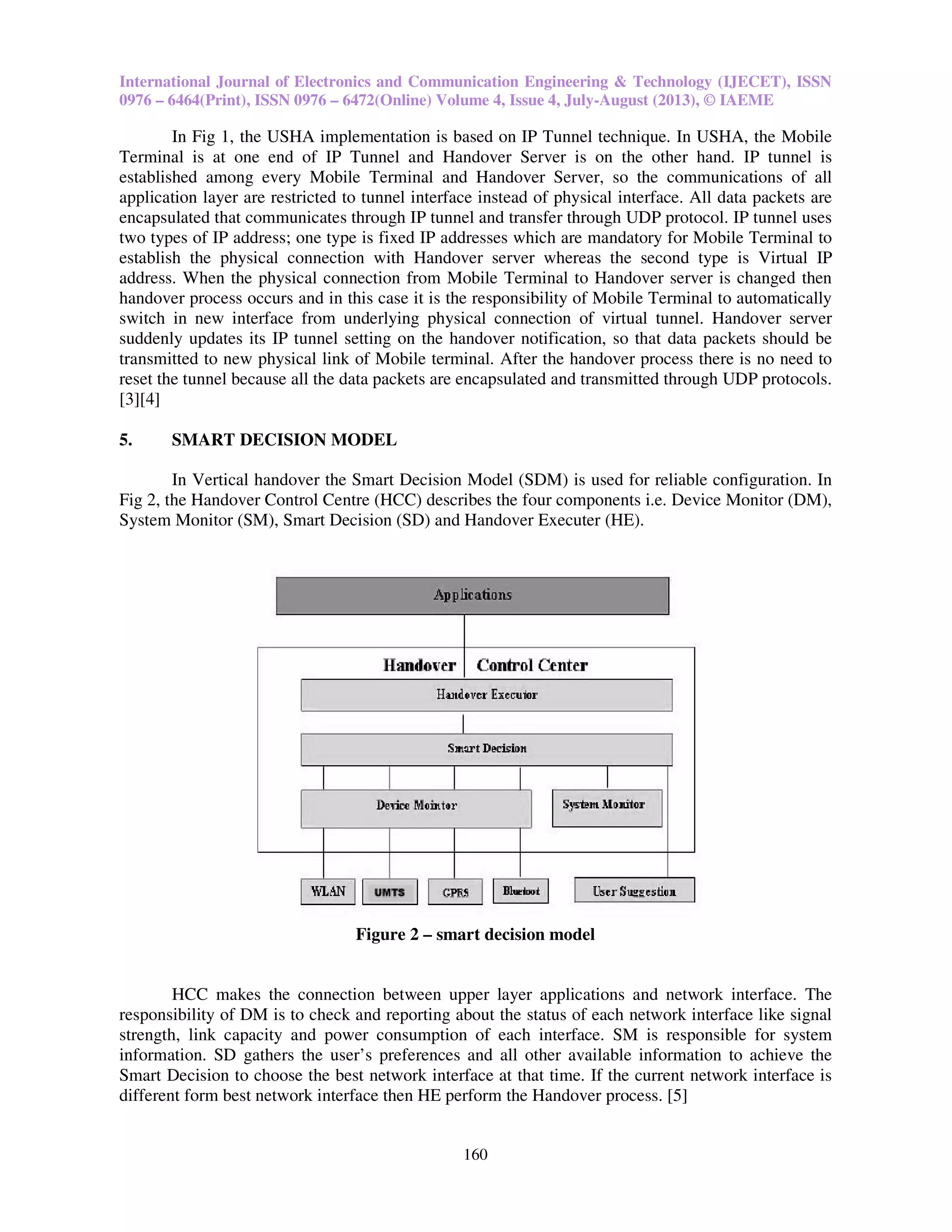 International Journal of Electronics and Communication Engineering & Technology (IJECET), ISSN
0976 – 6464(Print), ISSN 0976 – 6472(Online) Volume 4, Issue 4, July-August (2013), © IAEME
160
In Fig 1, the USHA implementation is based on IP Tunnel technique. In USHA, the Mobile
Terminal is at one end of IP Tunnel and Handover Server is on the other hand. IP tunnel is
established among every Mobile Terminal and Handover Server, so the communications of all
application layer are restricted to tunnel interface instead of physical interface. All data packets are
encapsulated that communicates through IP tunnel and transfer through UDP protocol. IP tunnel uses
two types of IP address; one type is fixed IP addresses which are mandatory for Mobile Terminal to
establish the physical connection with Handover server whereas the second type is Virtual IP
address. When the physical connection from Mobile Terminal to Handover server is changed then
handover process occurs and in this case it is the responsibility of Mobile Terminal to automatically
switch in new interface from underlying physical connection of virtual tunnel. Handover server
suddenly updates its IP tunnel setting on the handover notification, so that data packets should be
transmitted to new physical link of Mobile terminal. After the handover process there is no need to
reset the tunnel because all the data packets are encapsulated and transmitted through UDP protocols.
[3][4]
5. SMART DECISION MODEL
In Vertical handover the Smart Decision Model (SDM) is used for reliable configuration. In
Fig 2, the Handover Control Centre (HCC) describes the four components i.e. Device Monitor (DM),
System Monitor (SM), Smart Decision (SD) and Handover Executer (HE).
Figure 2 – smart decision model
HCC makes the connection between upper layer applications and network interface. The
responsibility of DM is to check and reporting about the status of each network interface like signal
strength, link capacity and power consumption of each interface. SM is responsible for system
information. SD gathers the user’s preferences and all other available information to achieve the
Smart Decision to choose the best network interface at that time. If the current network interface is
different form best network interface then HE perform the Handover process. [5]
 