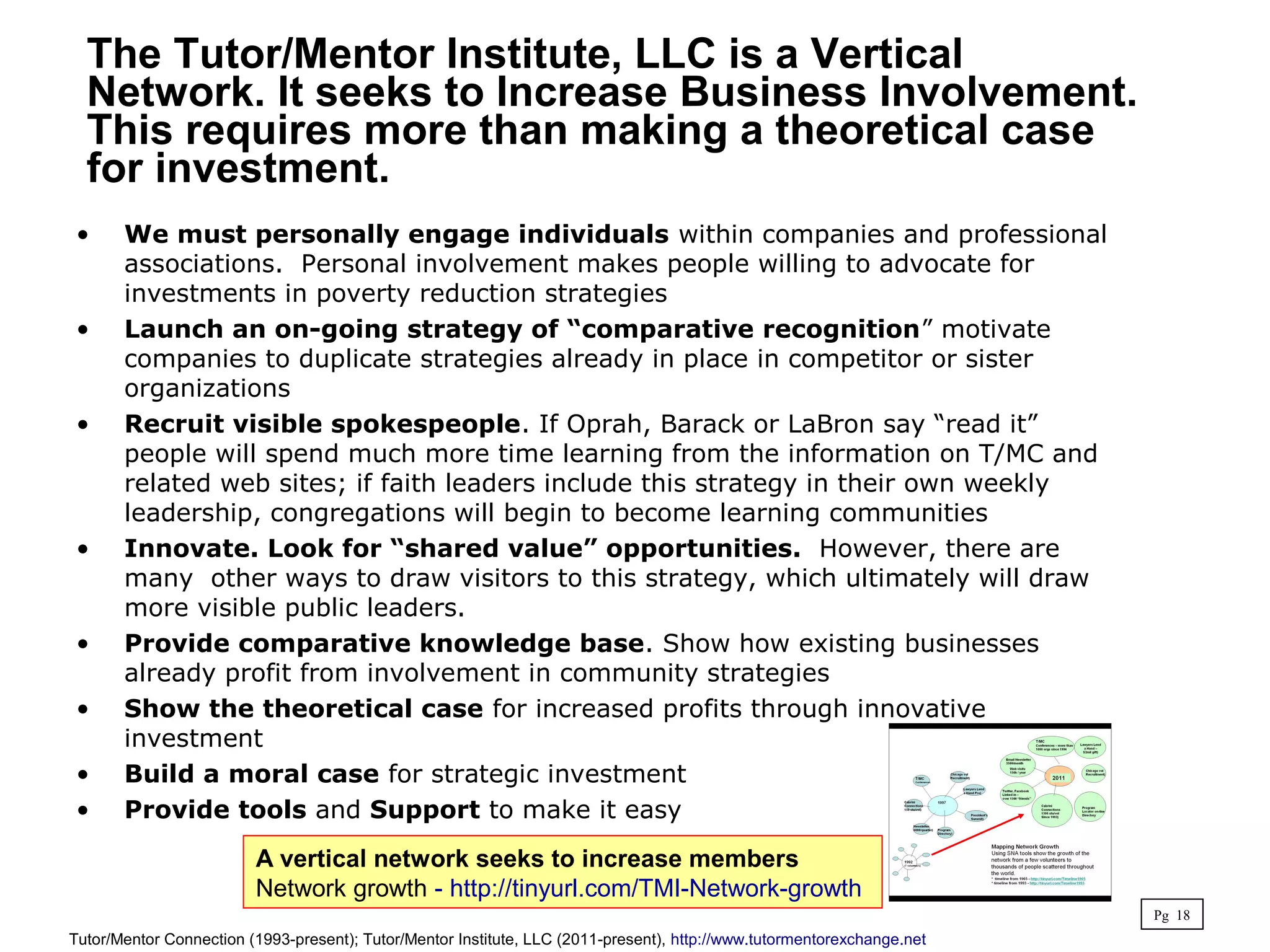 • We must personally engage individuals within companies and professional
associations. Personal involvement makes people willing to advocate for
investments in poverty reduction strategies
• Launch an on-going strategy of “comparative recognition” motivate
companies to duplicate strategies already in place in competitor or sister
organizations
• Recruit visible spokespeople. If Oprah, Barack or LaBron say “read it”
people will spend much more time learning from the information on T/MC and
related web sites; if faith leaders include this strategy in their own weekly
leadership, congregations will begin to become learning communities
• Innovate. Look for “shared value” opportunities. However, there are
many other ways to draw visitors to this strategy, which ultimately will draw
more visible public leaders.
• Provide comparative knowledge base. Show how existing businesses
already profit from involvement in community strategies
• Show the theoretical case for increased profits through innovative
investment
• Build a moral case for strategic investment
• Provide tools and Support to make it easy
The Tutor/Mentor Institute, LLC is a Vertical
Network. It seeks to Increase Business Involvement.
This requires more than making a theoretical case
for investment.
Pg 18
Tutor/Mentor Connection (1993-present); Tutor/Mentor Institute, LLC (2011-present), http://www.tutormentorexchange.net
A vertical network seeks to increase members
Network growth - http://tinyurl.com/TMI-Network-growth
 