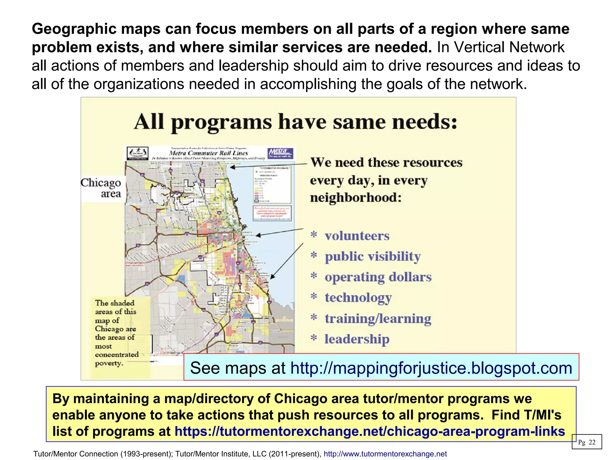 Geographic maps can focus members on all parts of a region where same
problem exists, and where similar services are needed. In Vertical Network
all actions of members and leadership should aim to drive resources and ideas to
all of the organizations needed in accomplishing the goals of the network.
By maintaining a map/directory of Chicago area tutor/mentor programs we
enable anyone to take actions that push resources to all programs. Find T/MI's
list of programs at https://tutormentorexchange.net/chicago-area-program-links
Pg 22
See maps at http://mappingforjustice.blogspot.com
Tutor/Mentor Connection (1993-present); Tutor/Mentor Institute, LLC (2011-present), http://www.tutormentorexchange.net
 