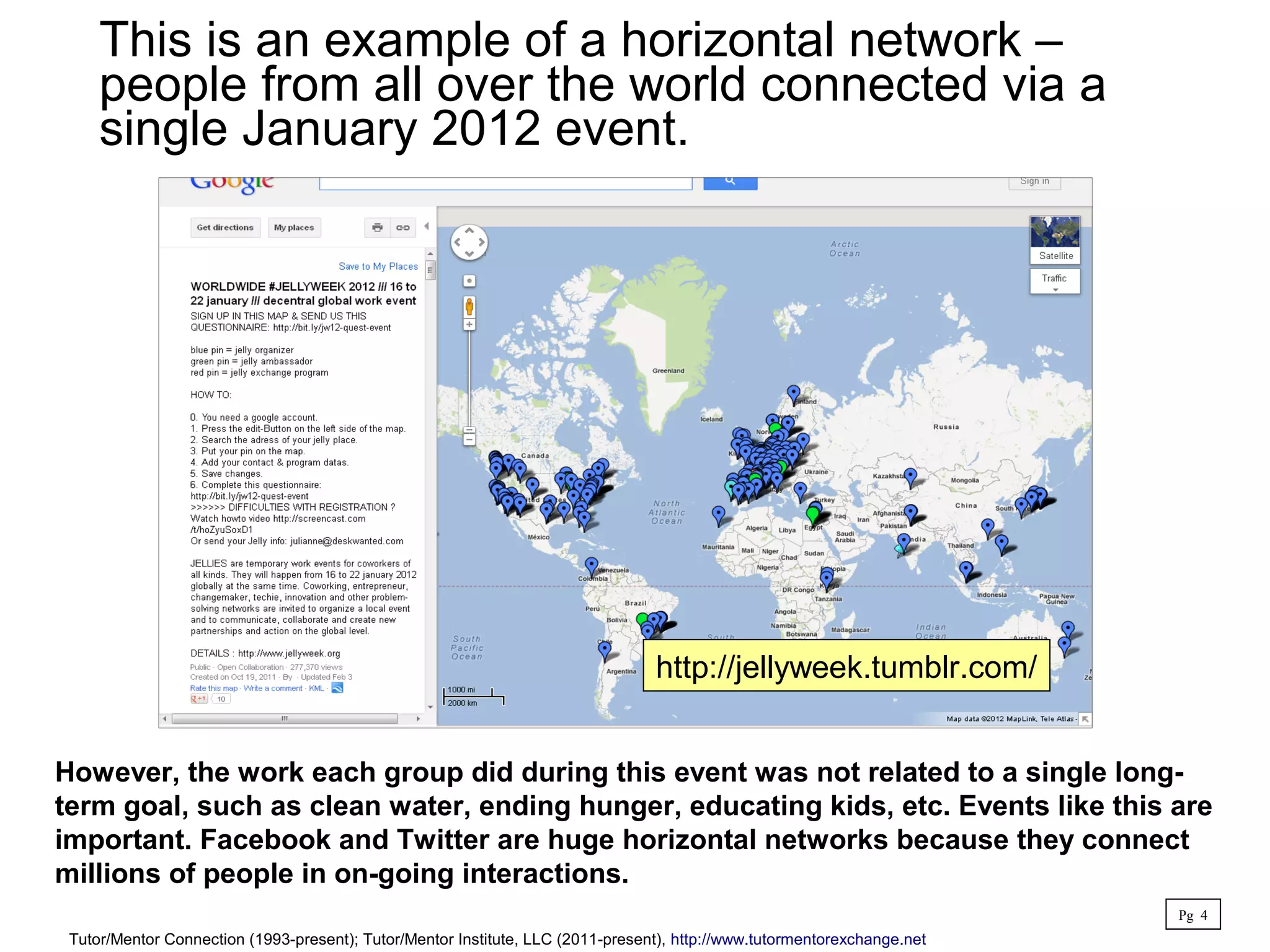 This is an example of a horizontal network –
people from all over the world connected via a
single January 2012 event.
Pg 4
However, the work each group did during this event was not related to a single long-
term goal, such as clean water, ending hunger, educating kids, etc. Events like this are
important. Facebook and Twitter are huge horizontal networks because they connect
millions of people in on-going interactions.
http://jellyweek.tumblr.com/
Tutor/Mentor Connection (1993-present); Tutor/Mentor Institute, LLC (2011-present), http://www.tutormentorexchange.net
 