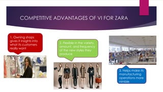 COMPETITIVE ADVANTAGES OF VI FOR ZARA
1. Owning shops
gives it insights into
what its customers
really want
2. Flexible in the variety,
amount, and frequency
of the new styles they
produce
3. Helps make its
manufacturing
operations more
nimble
 