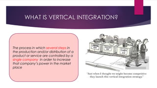 WHAT IS VERTICAL INTEGRATION?
The process in which several steps in
the production and/or distribution of a
product or service are controlled by a
single company, in order to increase
that company’s power in the market
place
 