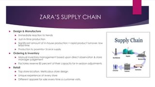 ZARA’S SUPPLY CHAIN
 Design & Manufacture
 Immediate reaction to trends
 Just-in-time production
 Significant amount of in-house production = rapid product turnover, low
lead time
 Production to proximity= Scarce supply
 Ordering & Inventory
 Manual inventory management based upon direct observation & store
manager judgement
 Factories reserve 85 percent of their capacity for in-season adjustments
 Retail
 Top store location, Meticulous store design
 Unique experience at every store
 Different apparel for sale every time a customer visits.
 
