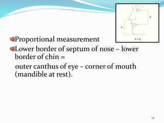 Proportional measurement
Lower border of septum of nose – lower
border of chin =
outer canthus of eye – corner of mouth
(mandible at rest).
19
 