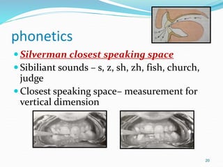 phonetics
 Silverman closest speaking space
 Sibiliant sounds – s, z, sh, zh, fish, church,
judge
 Closest speaking space– measurement for
vertical dimension
20
 