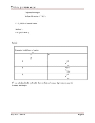 Vertical pressure vessel
MACHINE DESIGN Page 33
E = Jointefficiency=1
S=allowable stress =235MPa
F1= Pi/CSEF1&F2=vessel ratios
Method 2:
F2=C [SE/PD– 0.6]
Table 2
Diameter fordifferent � ratios
�
�
�
D
3 � ��
√
��
4 � ���
√
���
5 � ��
√
��
We can select method is preferable then method one because it gives more accurate
diameter and length
 