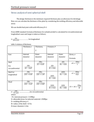 Vertical pressure vessel
MACHINE DESIGN Page 37
Stress analysisof semi spherical shell
The design thickness is the minimum required thickness plus an allowance forshrinkage.
Now,we can calculate the thickness of the plate by considering the welding efficiency and allowable
stress
We use double butt joint withweld efficiency E=1
From ASME standard formula of thickness forcylindricalshell is calculated forcircumferential and
longitudinal cases and larger is taken as follows;
t=
𝑃𝑅𝑖
2𝐸𝑆+0.4𝑃𝑖
…………………. forlongitudinal
table 4 relation of thickness
Thickness, t Thickness,
T
Pressure, P
Part Internal
diameter
Outer
diameter
Internal
diameter
Outer
diameter
Stress, 𝜎
Formula
Shell
For
circumferential
𝑃𝑅𝑖
𝑆𝐸 − 0.6𝑃
𝑃𝑅𝑜
𝑆𝐸 + 0.4𝑃
𝑆𝐸𝑡
𝑅𝑖 + 0.6𝑡
𝑆𝐸𝑡
𝑅𝑜 − 0.4𝑡
𝜎ℎ =
𝑃𝑅𝑚
𝑡
Shell for
longitudinal
𝑃𝑅𝑖
2𝑆𝐸 + 0.4𝑃
𝑃𝑅𝑜
2𝑆𝐸 + 1.4𝑃
2𝑆𝐸𝑡
𝑅𝑖 − 0.4𝑡
2𝑆𝐸𝑡
𝑅𝑜 − 1.4𝑡
𝜎𝑙 =
𝑃𝑅𝑚
0.2𝑡
Head 𝑃𝑅𝑖
2𝑆𝐸 − 0.2𝑃
𝑃𝑅𝑜
2𝑆𝐸 + 0.8𝑃
2𝑆𝐸𝑡
𝑅𝑖 + 0.2𝑡
2𝑆𝐸𝑡
𝑅𝑜 − 0.8𝑡
σl = σh =
PRm
2t
t=
𝑃𝑖𝑅𝑖
𝑆𝐸−0.6𝑃𝑖
…………………….for circumferential
where
Pi= internal pressure= 3.18Mpa
S= allowablestress forselected material= 250Mpa
E= welding efficiency=1
R= radius of the shell = 0.7m
D=inner diameter=1.4m
 