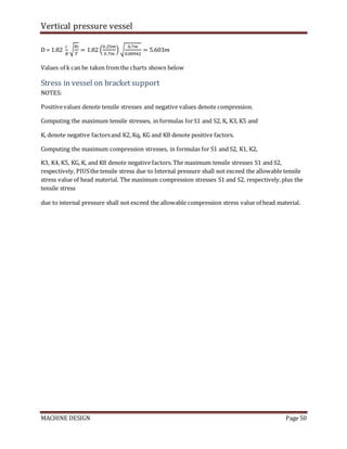 Vertical pressure vessel
MACHINE DESIGN Page 50
D = 1.82
𝑐
𝑅
√
𝑅𝑖
𝑇
= 1.82 (
0.25𝑚
0.7𝑚
) √
0.7𝑚
0.00942
= 5.603𝑚
Values of k can be taken from the charts shown below
Stress in vessel on bracket support
NOTES:
Positivevalues denote tensile stresses and negative values denote compression.
Computing the maximum tensile stresses, in formulas forS1 and S2, K, K3, K5 and
K, denote negative factorsand K2, Kq, KG and K8 denote positive factors.
Computing the maximum compression stresses, in formulas for S1 and S2, K1, K2,
K3, K4, K5, KG, K, and K8 denote negative factors. The maximum tensile stresses S1 and S2,
respectively, PIUSthe tensile stress due to Internal pressure shall not exceed the allowable tensile
stress value of head material. The maximum compression stresses S1 and S2, respectively,plus the
tensile stress
due to internal pressure shall not exceed the allowable compression stress value of head material.
 