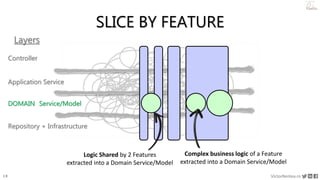 19 VictorRentea.ro
a training by
Layers
Controller
Repository + Infrastructure
Application Service
SLICE BY FEATURE
DOMAIN Service/Model
Logic Shared by 2 Features
extracted into a Domain Service/Model
Complex business logic of a Feature
extracted into a Domain Service/Model
 