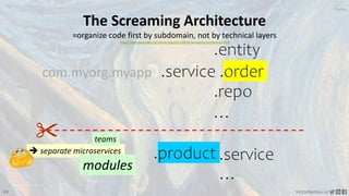 26 VictorRentea.ro
a training by
.service
com.myorg.myapp .order
.product .service
The Screaming Architecture
=organize code first by subdomain, not by technical layers
https://blog.cleancoder.com/uncle-bob/2011/09/30/Screaming-Architecture.html
.entity
.repo
…
…
 separate microservices
teams
modules
 