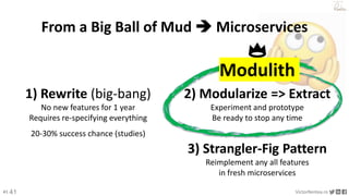 41 VictorRentea.ro
a training by
41
From a Big Ball of Mud  Microservices
1) Rewrite (big-bang)
No new features for 1 year
Requires re-specifying everything
20-30% success chance (studies)
2) Modularize => Extract
Experiment and prototype
Be ready to stop any time
3) Strangler-Fig Pattern
Reimplement any all features
in fresh microservices
👑
Modulith
 