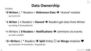 46 VictorRentea.ro
a training by
0 Writers | * Readers = Reference Data  'shared' module
- eg. Country list
1 Writer | n Readers = Owned  Readers get data from Writer
- eg. Catalog  Stock.getStock()
n Writers | 0 Readers = Notifications  commons via events
- eg. Audit, sendSMS
2+ Writers | * Readers  Split Entity 😩 or Merge modules ❤️
- eg. break Order  PlacedOrder + ShippedOrder
Data Ownership
# modules
 