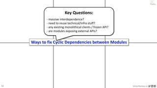 50 VictorRentea.ro
a training by
Ways to fix Cyclic Dependencies between Modules
Key Questions:
- massive interdependence?
- need to reuse technical/infra stuff?
- any existing monolithical clients / frozen API?
- are modules exposing external APIs?
 