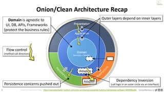 5 VictorRentea.ro
a training by
IAdapter
Adapter
Onion/Clean Architecture Recap
Outer layers depend on inner layers
Persistence concerns pushed out
Dependency Inversion
(call logic in an outer circle via an interface)
Services + Model
Flow control
(method call direction)
Domain is agnostic to
UI, DB, APIs, Frameworks
(protect the business rules)
Onion Architecture Primer: https://marcoatschaefer.medium.com/onion-architecture-explained-building-maintainable-software-54996ff8e464
 