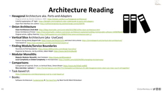 61 VictorRentea.ro
a training by
📚
 Hexagonal Architecture aka. Ports-and-Adapters
- Original article by Alistair Cockburn, 2005: https://alistair.cockburn.us/hexagonal-architecture/
- Colorful explanation, 8th light: https://8thlight.com/insights/a-color-coded-guide-to-ports-and-adapters
- Input Port Interface are useless: https://softwareengineering.stackexchange.com/q/438705
 Onion Architecture
- Clean Architecture Uncle Bob: https://blog.cleancoder.com/uncle-bob/2012/08/13/the-clean-architecture.html
- Onion Architecture Primer: https://marcoatschaefer.medium.com/onion-architecture-explained-building-maintainable-software-54996ff8e464
- Original article, Jeffrey Palermo, https://jeffreypalermo.com/2008/07/the-onion-architecture-part-1/
 Vertical Slice Architecture (aka -UseCase)
- Feature slicing Jimmy Bogard talk: https://youtu.be/5kOzZz2vj2o and short intro article: https://jimmybogard.com/vertical-slice-architecture/
- Task-based UI: https://cqrs.wordpress.com/documents/task-based-ui/
 Finding Module/Service Boundaries
- Heuristics to find boundaries: https://www.dddheuristics.com/design-heuristics/
- Organize by features, not by entities, Adam Ralph: https://youtu.be/tVnIUZbsxWI
 Modular Monoliths
- Majestic Modular Monolith, Axel Fontaine: https://youtu.be/BOvxJaklcr0
- Local Complexity vs Global Complexity in microservices: https://vladikk.com/2020/04/09/untangling-microservices/
 Comparisons:
- Comparison of Layered, Onion, vs Vertical Slices, Simon Brown: https://youtu.be/5OjqD-ow8GE
- Nice overview + picture ⭐️ https://herbertograca.com/2017/11/16/explicit-architecture-01-ddd-hexagonal-onion-clean-cqrs-how-i-put-it-all-together/
 Task-based UI:
- https://codeopinion.com/decomposing-crud-to-a-task-based-ui/
 Books:
- Software Architecture: Fundamentals & The Hard Parts by Neal Ford & Mark Richardson
Architecture Reading
 