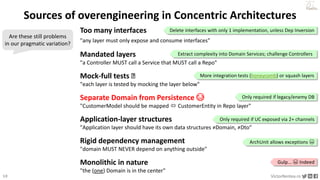 10 VictorRentea.ro
a training by
Sources of overengineering in Concentric Architectures
Too many interfaces
"any layer must only expose and consume interfaces"
Mandated layers
"a Controller MUST call a Service that MUST call a Repo"
Mock-full tests 🧅
"each layer is tested by mocking the layer below"
Separate Domain from Persistence 😭
"CustomerModel should be mapped  CustomerEntity in Repo layer"
Application-layer structures
"Application layer should have its own data structures ≠Domain, ≠Dto"
Rigid dependency management
"domain MUST NEVER depend on anything outside"
Monolithic in nature
"the (one) Domain is in the center"
Are these still problems
in our pragmatic variation?
Delete interfaces with only 1 implementation, unless Dep Inversion
Extract complexity into Domain Services; challenge Controllers
More integration tests (honeycomb) or squash layers
ArchUnit allows exceptions 😬
Only required if UC exposed via 2+ channels
Gulp... 😬 Indeed
Only required if legacy/enemy DB
 