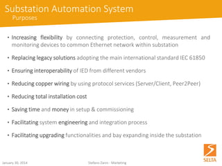 October 15, 2014 Stefano Zanin - Marketing 
Substation Automation System 
Purposes 
•Increasingflexibilitybyconnectingprotection,control,measurementandmonitoringdevicestocommonEthernetnetworkwithinsubstation 
•ReplacinglegacysolutionsadoptingthemaininternationalstandardIEC61850 
•EnsuringinteroperabilityofIEDfromdifferentvendors 
•Reducingcopperwiringbyusingprotocolservices(Server/Client,Peer2Peer) 
•Reducingtotalinstallationcost 
•Savingtimeandmoneyinsetup&commissioning 
•Facilitatingsystemengineeringandintegrationprocess 
•Facilitatingupgradingfunctionalitiesandbayexpandinginsidethesubstation  