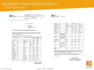 Selta: the “smart” choice 
SELTAistheidealpartnerforutilitiesthatwanttoapproachsmartparadigm,thankstoitsrelevantknow-howcoveringseveralfields: 
•automation of HV/MV stations, with control, monitoring and protection equipment compliant with the IEC61850 and IEC61131-3 standards 
•remote control, protection and regulationfor transmission substations, distribution substations and end users’ power plants 
•SCADA and Distribution Management Systems 
Automation, monitoring, control 
October 15, 2014 Stefano Zanin - Marketing 
 