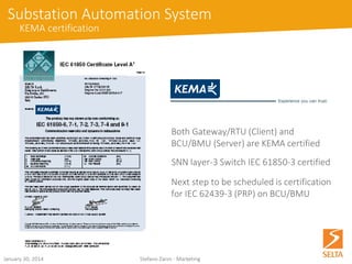 SELTAcommunicationsolutionsensurecapillarity,excellenceinperformance, reliabilityandinformationsecurityusingdifferentkindsofcommunicationmeans, suchas: 
•“Access” equipment for cable and optical fiber (flexible multiplexers, DSL modems, bonding terminals) 
•Solutions leaning on Wi-Max, as well as 3Gand LTEmobile networks 
•Power line carrier (PLC) transmission systems for HV and MV power lines 
Selta: the “smart” choice 
Communication systems 
October 15, 2014 Stefano Zanin - Marketing 
 