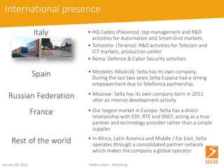 October 15, 2014 Stefano Zanin - Marketing 
•HQ Cadeo (Piacenza): top management and R&D activities for Automation and Smart Grid markets. 
•Tortoreto (Teramo): R&D activities for Telecom and ICT markets, production center 
•Roma: Defence & Cyber Security activities 
Italy 
•Mostolès (Madrid): Selta has its own company. During the last two years Selta Espana had a strong empowerment due to Telefonica partnership 
Spain 
•Moscow: Selta has its own company born in 2011 after an intense development activity 
Russian Federation 
•Our largest market in Europe: Selta has a direct relationship with EDF, RTE and SNCF, acting as a true partner and technology provider rather than a simple supplier 
France 
•In Africa, Latin America and Middle / Far East, Selta operates through a consolidated partner network which makes the company a global operator 
Rest of the world 
International presence  