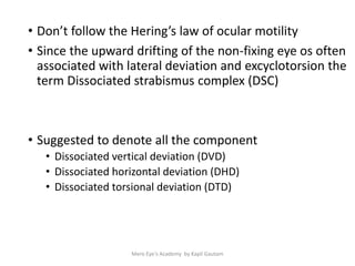 • Don’t follow the Hering’s law of ocular motility
• Since the upward drifting of the non-fixing eye os often
associated with lateral deviation and excyclotorsion the
term Dissociated strabismus complex (DSC)
• Suggested to denote all the component
• Dissociated vertical deviation (DVD)
• Dissociated horizontal deviation (DHD)
• Dissociated torsional deviation (DTD)
Mero Eye's Academy by Kapil Gautam
 