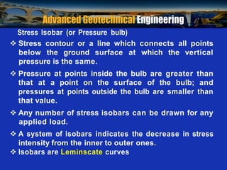 Prof. B V S Viswanadham, Department of Civil Engineering, IIT Bombay
Stress Isobar (or Pressure bulb)
 Stress contour or a line which connects all points
below the ground surface at which the vertical
pressure is the same.
 Pressure at points inside the bulb are greater than
that at a point on the surface of the bulb; and
pressures at points outside the bulb are smaller than
that value.
 Any number of stress isobars can be drawn for any
applied load.
 A system of isobars indicates the decrease in stress
intensity from the inner to outer ones.
 Isobars are Leminscate curves
 
