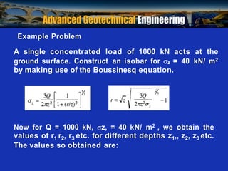 Prof. B V S Viswanadham, Department of Civil Engineering, IIT Bombay
Example Problem
A single concentrated load of 1000 kN acts at the
ground surface. Construct an isobar for z = 40 kN/ m2
by making use of the Boussinesq equation.
Now for Q = 1000 kN, z, = 40 kN/ m2 , we obtain the
values of r1 r2, r3 etc. for different depths z1,, z2, z3 etc.
The values so obtained are:
 