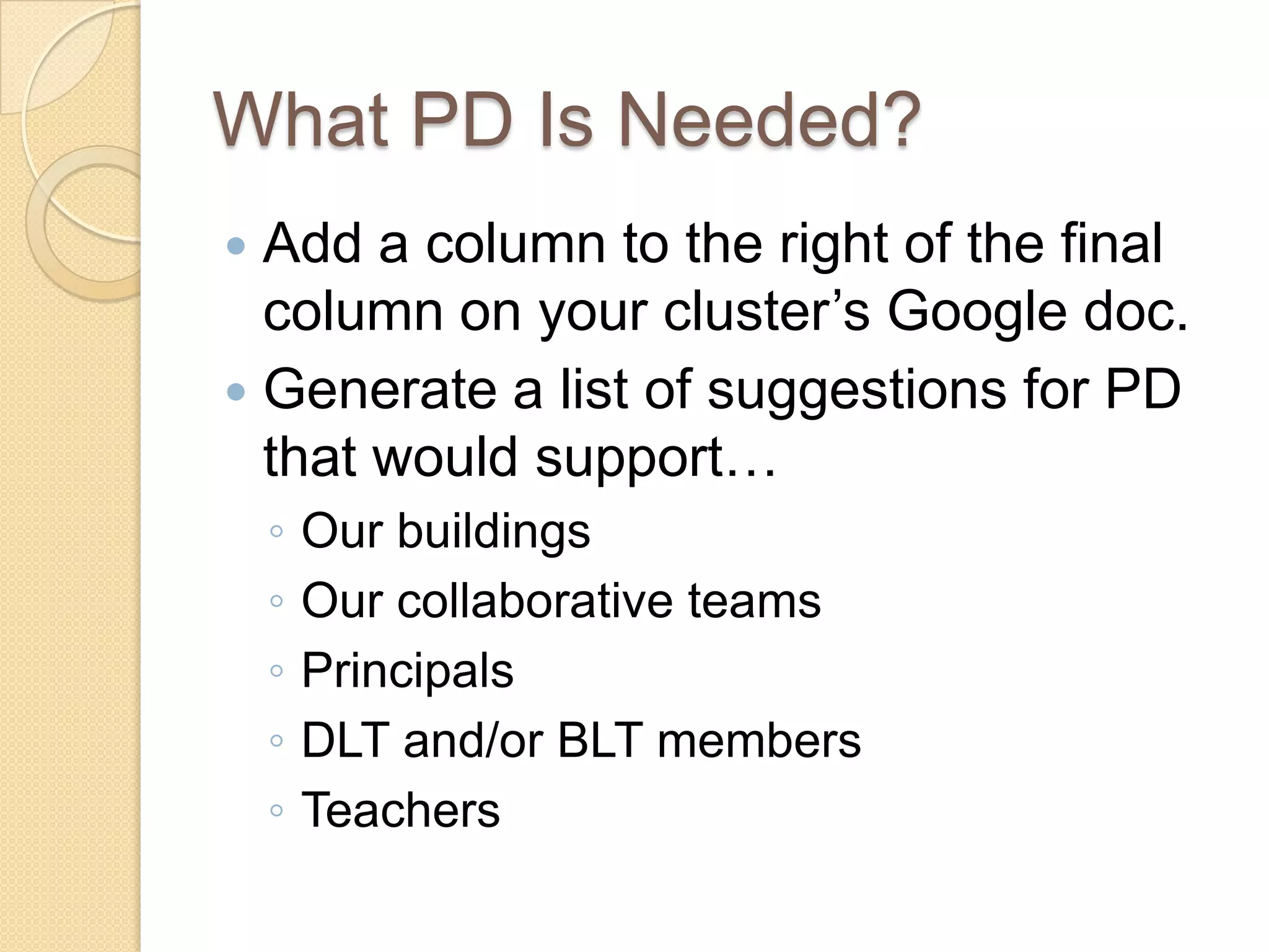 What PD Is Needed?
 Add a column to the right of the final
  column on your cluster’s Google doc.
 Generate a list of suggestions for PD
  that would support…
    ◦   Our buildings
    ◦   Our collaborative teams
    ◦   Principals
    ◦   DLT and/or BLT members
    ◦   Teachers
 