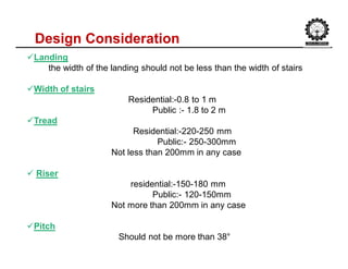 Design Consideration
Landing
the width of the landing should not be less than the width of stairs
Width of stairs
Residential:-0.8 to 1 m
Public :- 1.8 to 2 m
Tread
Residential:-220-250 mm
Public:- 250-300mm
Not less than 200mm in any case
 Riser
residential:-150-180 mm
Public:- 120-150mm
Not more than 200mm in any case
Pitch
Should not be more than 38°
 