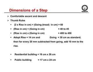 Dimensions of a Step
 Comfortable ascent and descent
 Thumb Rules
 (2 x Rise in cm) + (Going (tread) in cm) = 60
 (Rise in cm) + (Going in cm) = 40 to 45
 (Rise in cm) x (Going in cm) = 400 to 450
 Adopt Rise = 14 cm and Going = 30 cm as standard;
then for every 20 mm subtracted from going, add 10 mm to the
rise.
 Residential building = 16 cm x 26 cm
 Public building = 17 cm x 24 cm
 