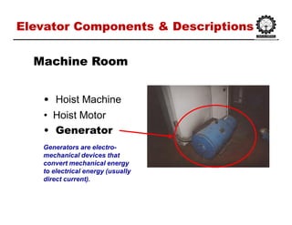 Elevator Components & DescriptionsElevator Components & Descriptions
•• Hoist Machine
• Hoist Motor
•• GeneratorGenerator
Machine RoomMachine Room
Generators are electro-
mechanical devices that
convert mechanical energy
to electrical energy (usually
direct current).
 