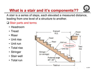 What is a stair and it’s components??
A stair is a series of steps, each elevated a measured distance,
leading from one level of a structure to another.
 Stair parts and terms
• Headroom
• Tread
• Riser
• Unit rise
• Unit run
• Total rise
• Stringer
• Stair well
• Total run
http://atjenese.wordpress.com
 