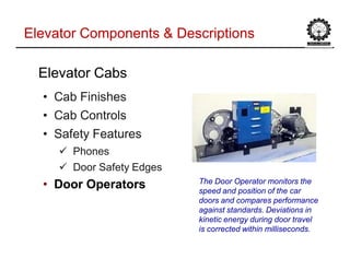 Elevator Components & DescriptionsElevator Components & Descriptions
•• Cab FinishesCab Finishes
•• Cab ControlsCab Controls
•• Safety FeaturesSafety Features
 PhonesPhones
 Door Safety EdgesDoor Safety Edges
•• Door OperatorsDoor Operators
Elevator CabsElevator Cabs
The Door Operator monitors the
speed and position of the car
doors and compares performance
against standards. Deviations in
kinetic energy during door travel
is corrected within milliseconds.
 