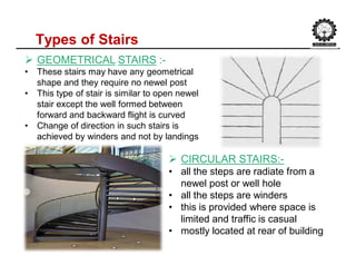 Types of Stairs
 GEOMETRICAL STAIRS :-
• These stairs may have any geometrical
shape and they require no newel post
• This type of stair is similar to open newel
stair except the well formed between
forward and backward flight is curved
• Change of direction in such stairs is
achieved by winders and not by landings
 CIRCULAR STAIRS:-
• all the steps are radiate from a
newel post or well hole
• all the steps are winders
• this is provided where space is
limited and traffic is casual
• mostly located at rear of building
 