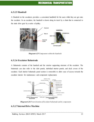 MECHANICAL TRANSPORTATION
Building Services (BLD 60903) March 2017 21
6.3.2.5 Handrail
A Handrail on the escalators provides a convenient handhold for the users while they are get onto
the escalator. In an escalator, the handrail is drawn along its track by a chain that is connected to
the main drive gear by a series of pulley.
Diagram 6.25 Components within the handrails
6.3.2.6 Escalator Balustrade
A Balustrade consists of the handrail and the exterior supporting structure of the escalator. The
balustrade can also refer to the skirt panels, individual interior panels, and deck covers of the
escalator. Each interior balustrade panel section is removable to allow ease of access towards the
escalator interior for maintenance and component replacement.
Diagram 6.26 Front elevation of Escalatorbalustrade and its components
6.3.2.7Internal Drive Machine
Handrail
New el
Handrail
Guide
 